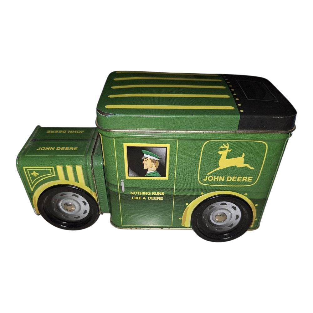 John Deere Green and Black Vintage Storage Tin Toy Vehicle